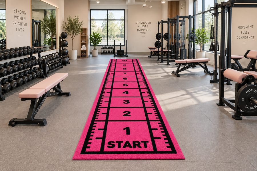 Pink custom gym sprint lane with START markers in a training studio