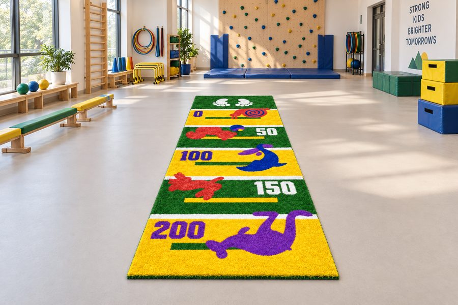 Kids activity turf with animal prints and distance markers