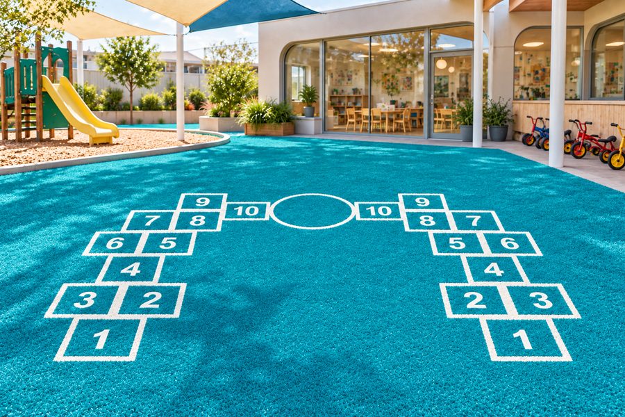 Kindergarten playground with custom hopscotch turf and slide