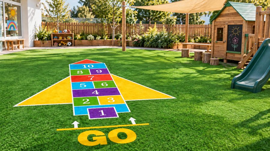 Kindergarten outdoor hopscotch turf with playhouse and slide