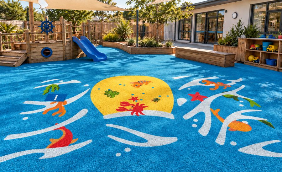Ocean-themed playground turf with pirate ship