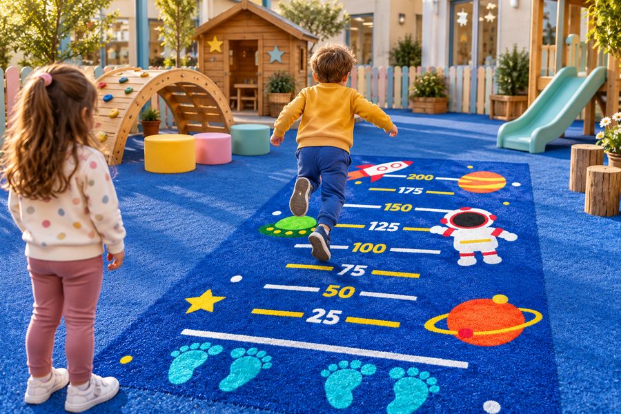 Space-themed turf with rocket scale in kindergarten