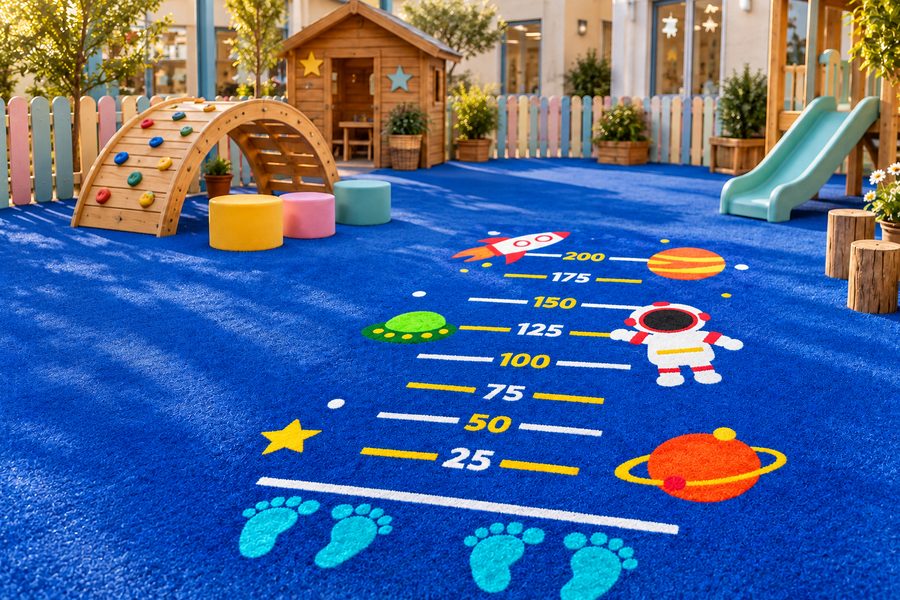 Road safety play turf with traffic signs