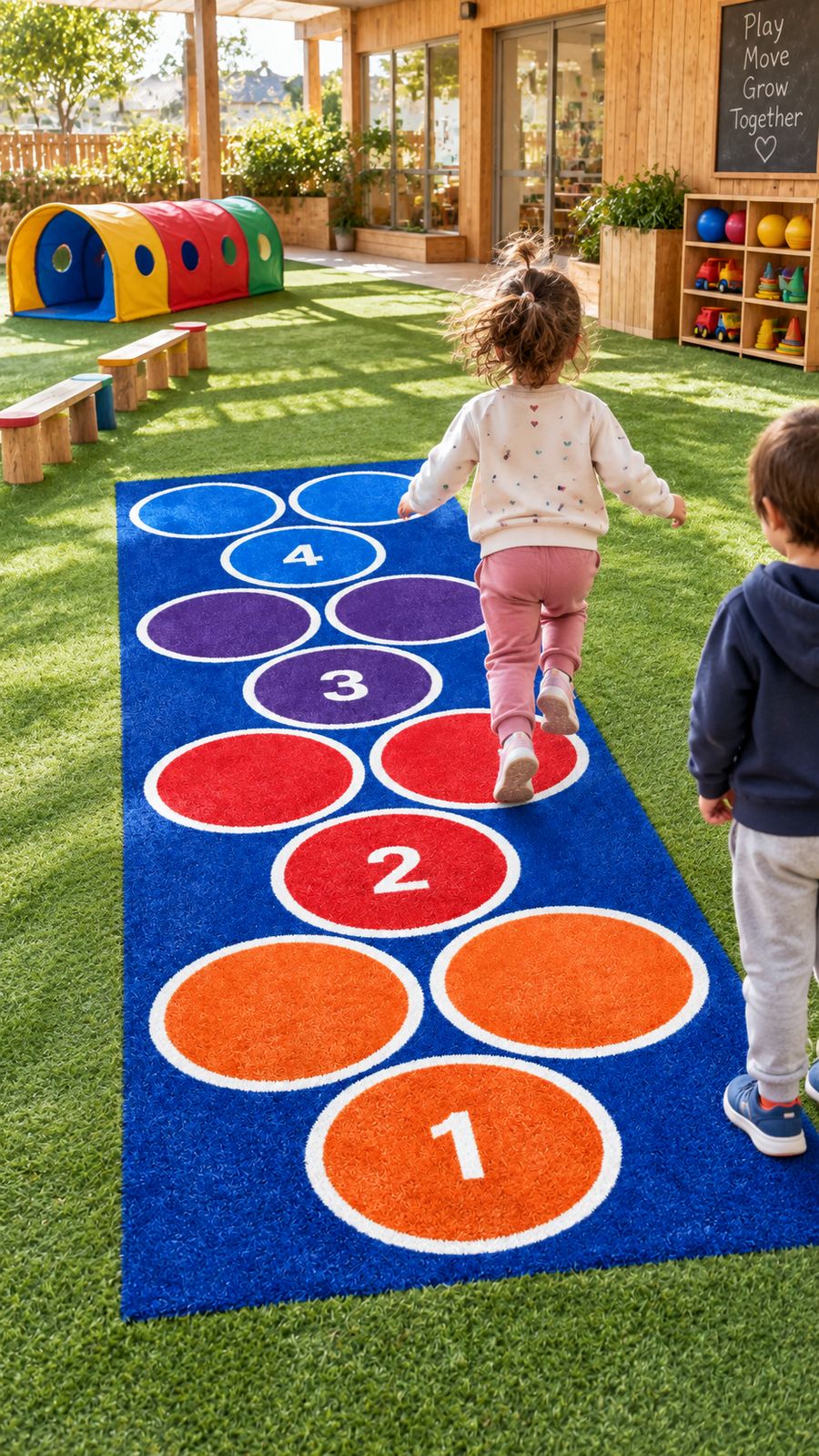 Child jumping on coloured hopscotch turf