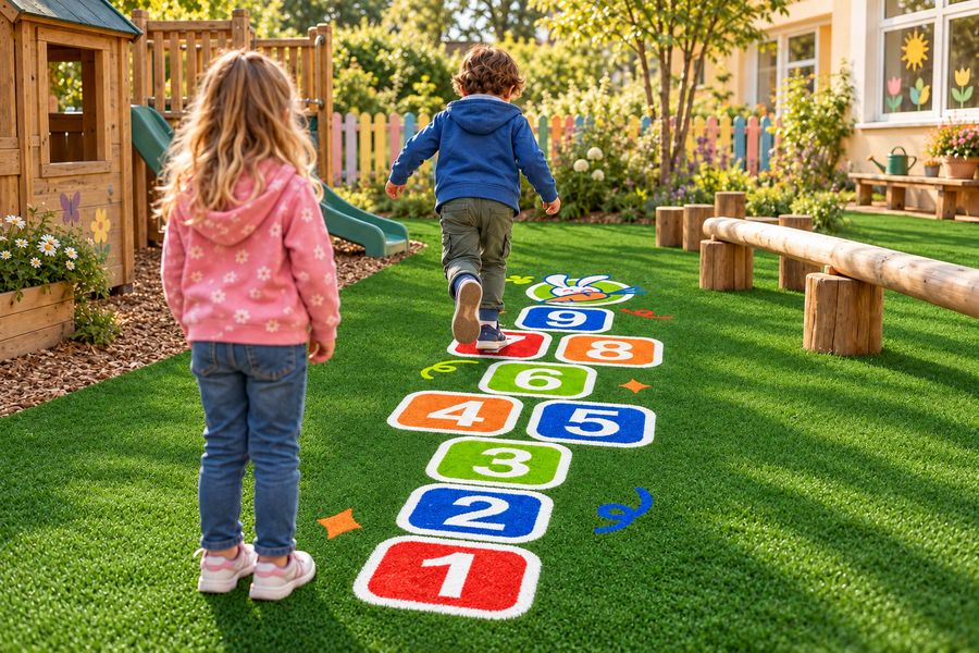 Children playing on outdoor hopscotch turf