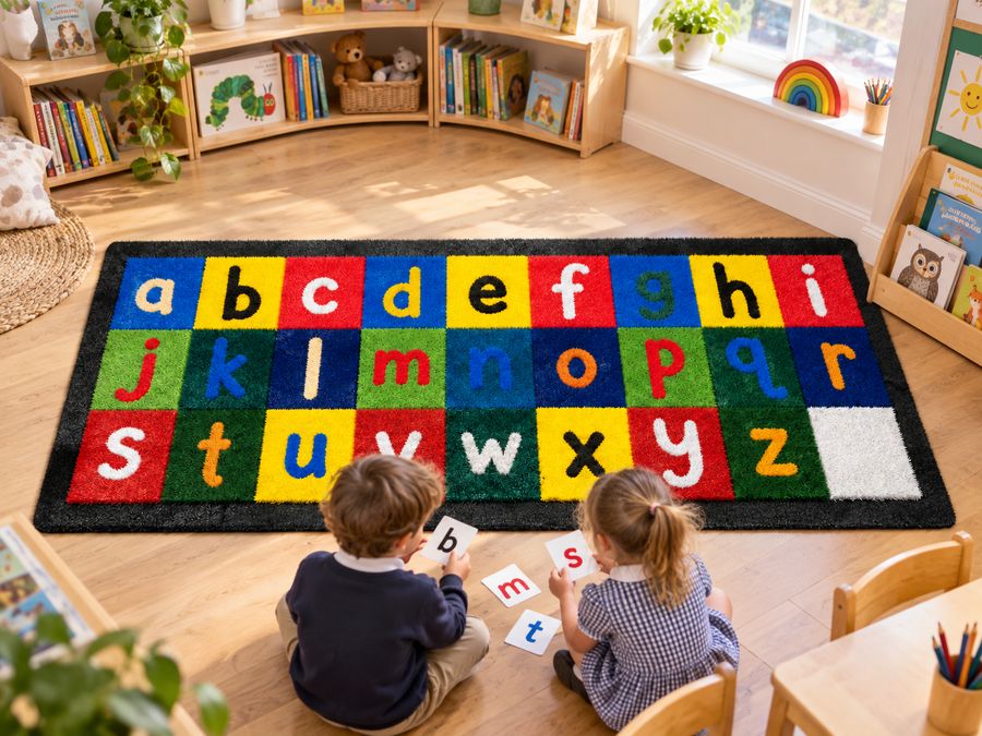 Kids learning on alphabet carpet with letter cards