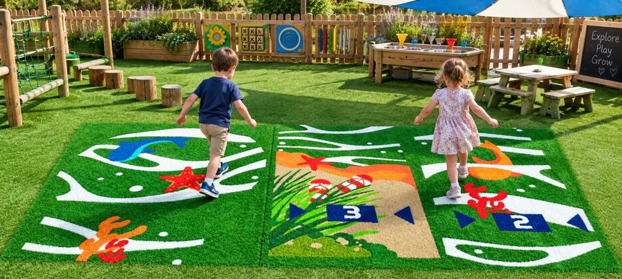 Ocean themed hopscotch turf with children