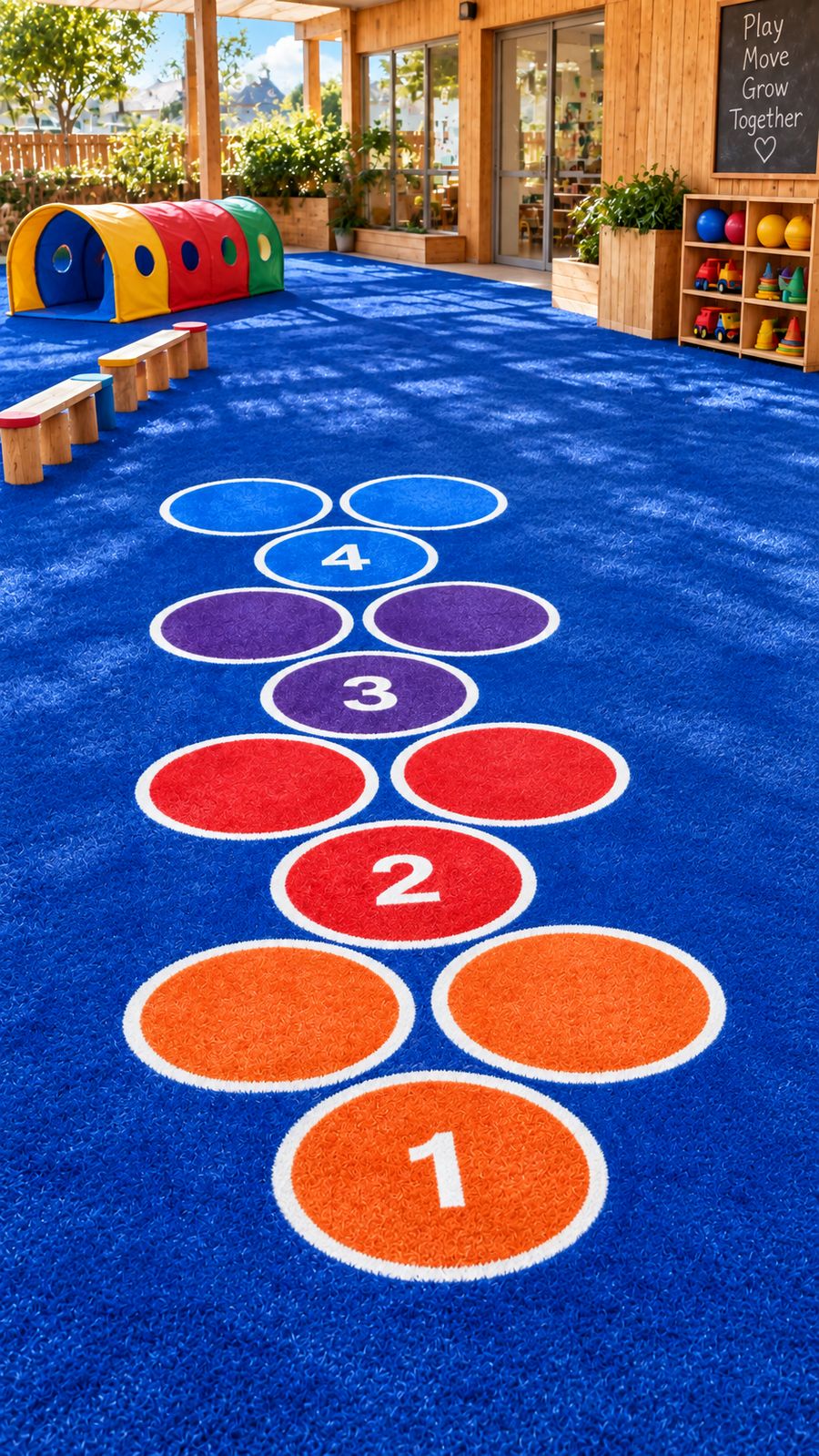 Coloured circle hopscotch turf outdoors