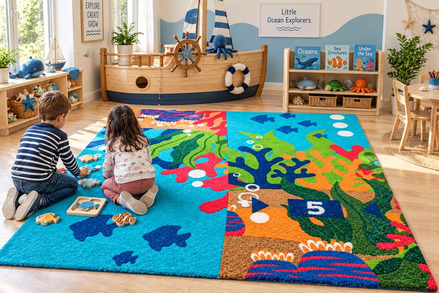 Children playing on blue hopscotch turf