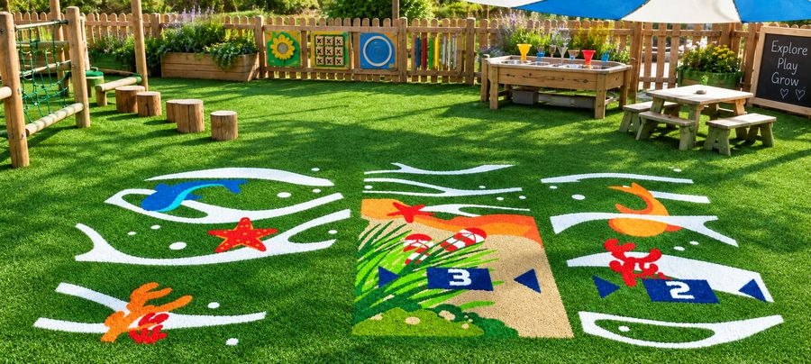 Ocean themed playground turf with number markers