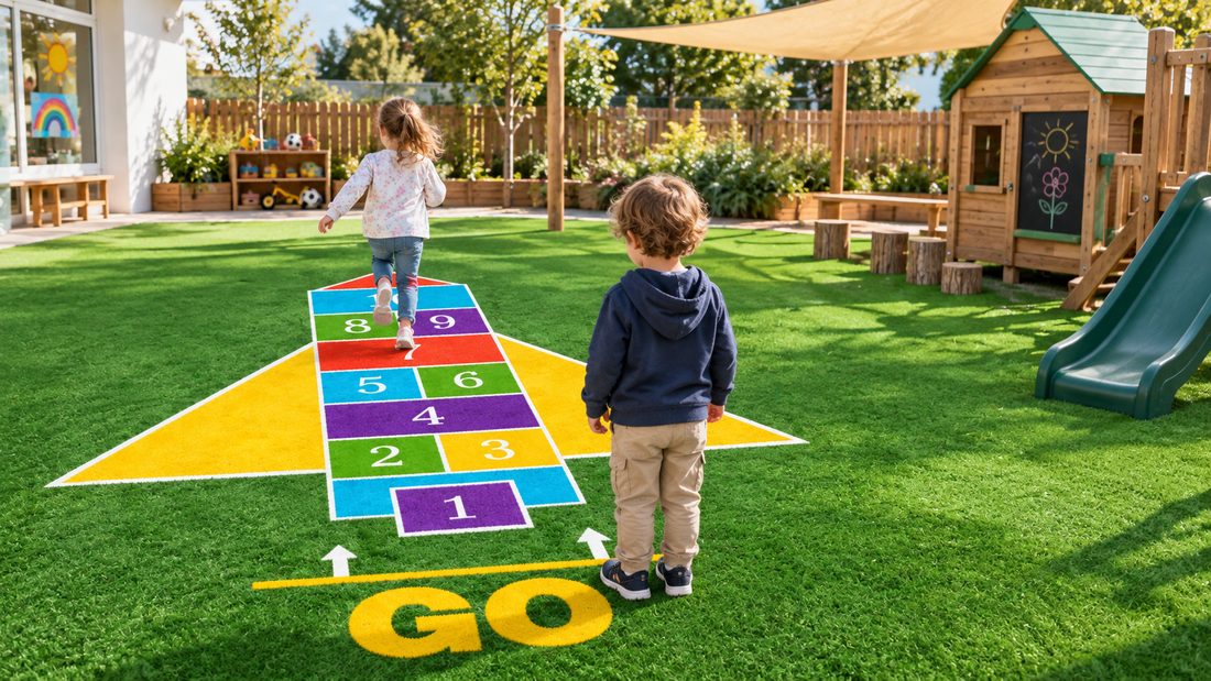 Children playing on a custom hopscotch turf at a kindergarten