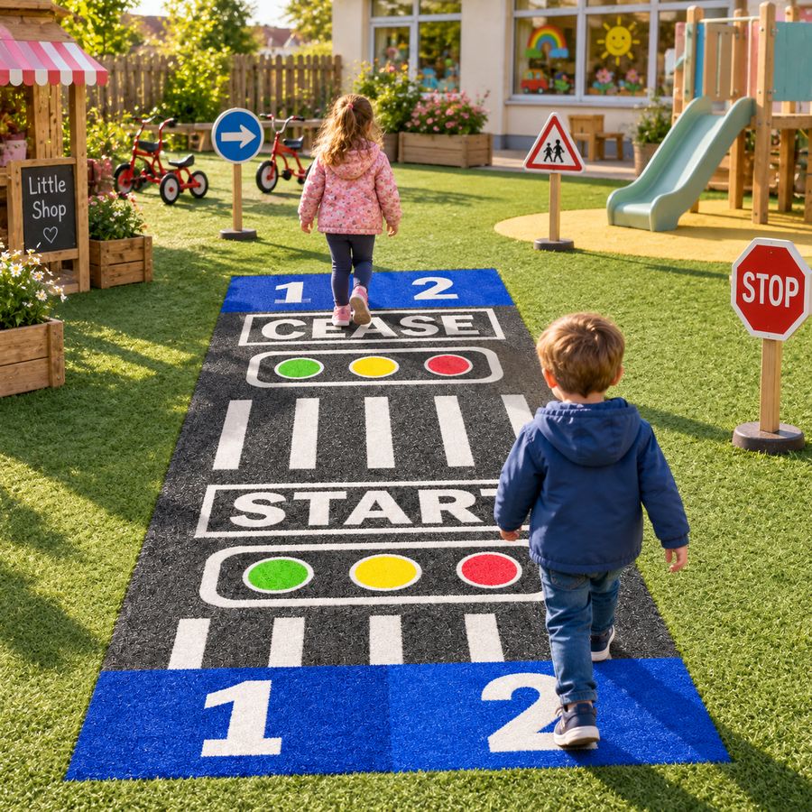 Space themed turf with rocket and footprints