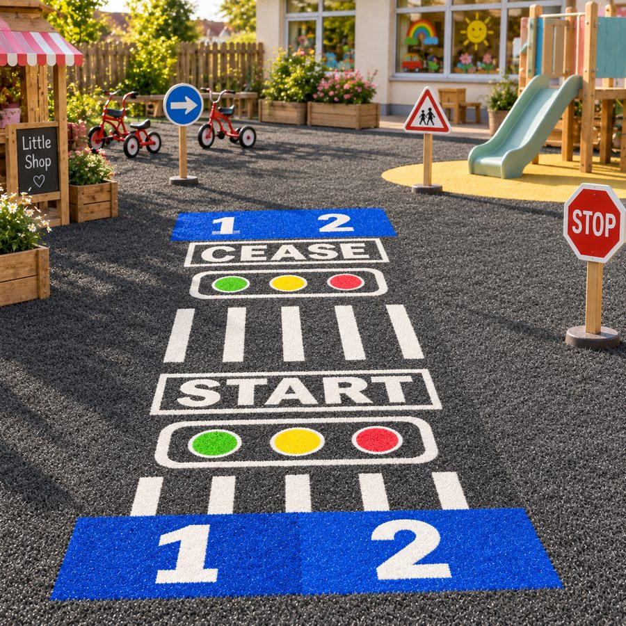 Custom creative traffic-themed turf mat with start and stop graphics